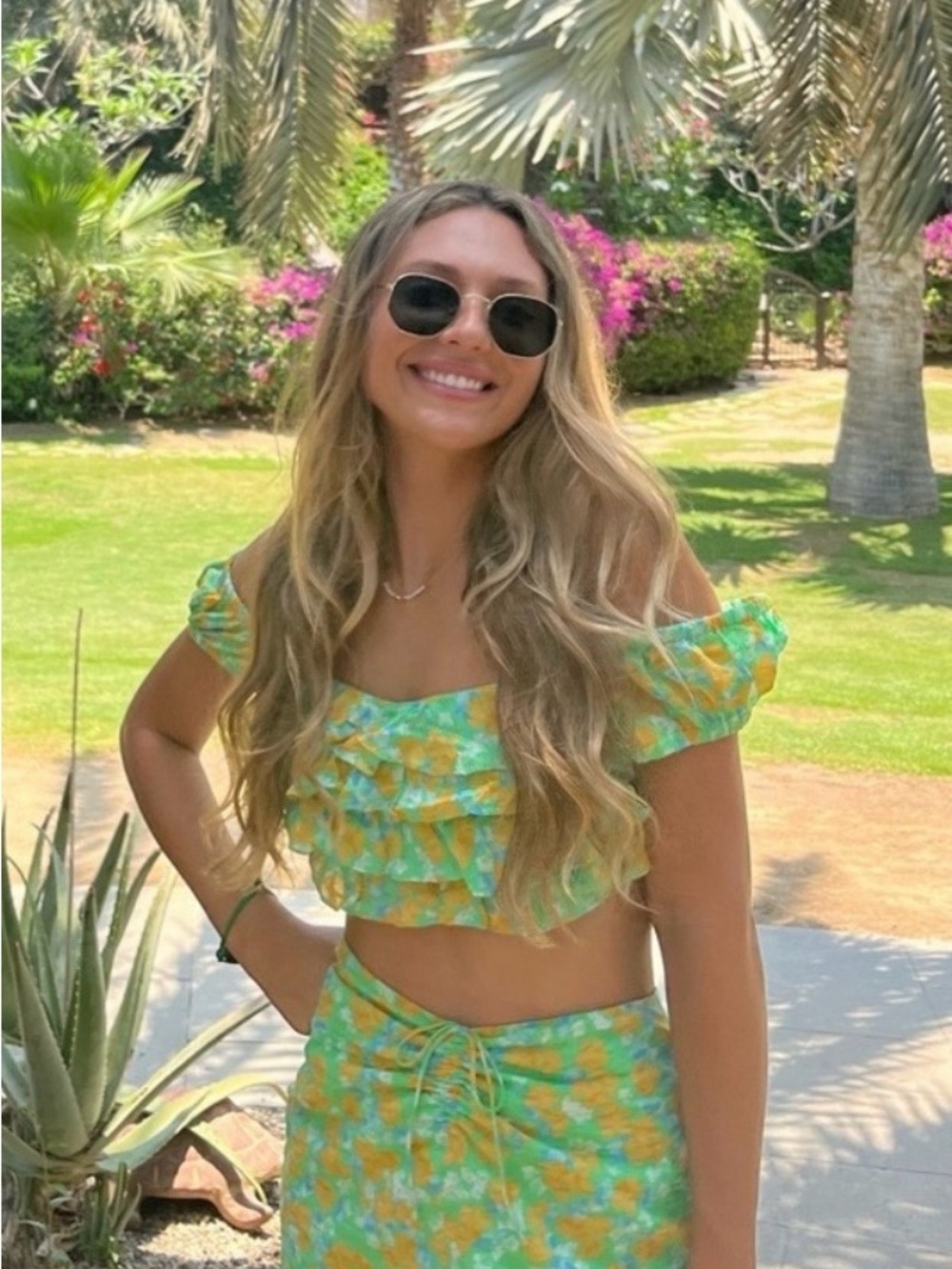 Green & Yellow Floral Off-Shoulder Ruffle Crop Top and Skirt Set - Women